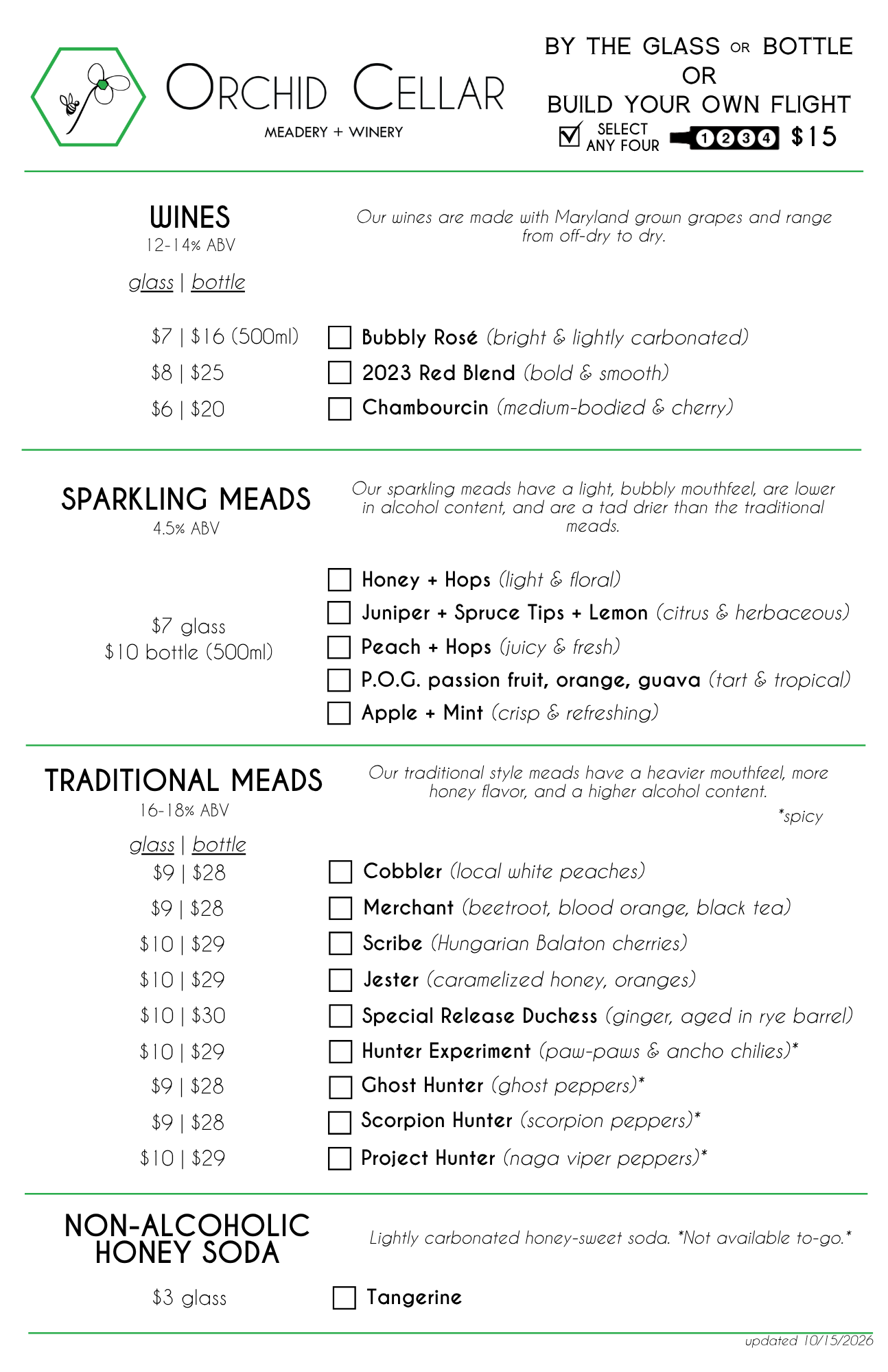 Tasting Room Menu — Orchid Cellar Meadery & Winery